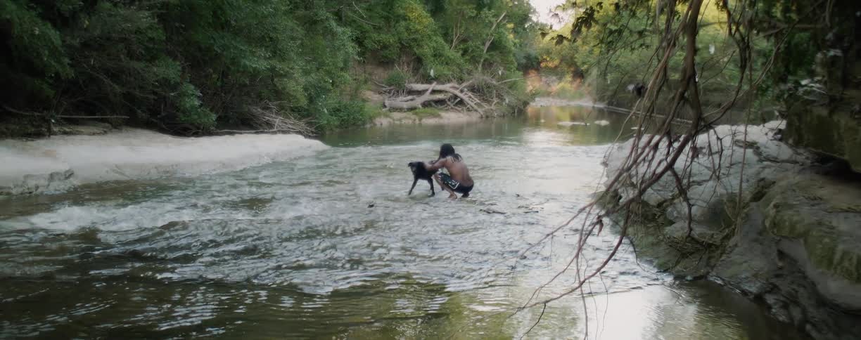Man and dog playing in a small river