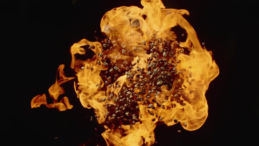 An explosion throws coffee beans everywhere