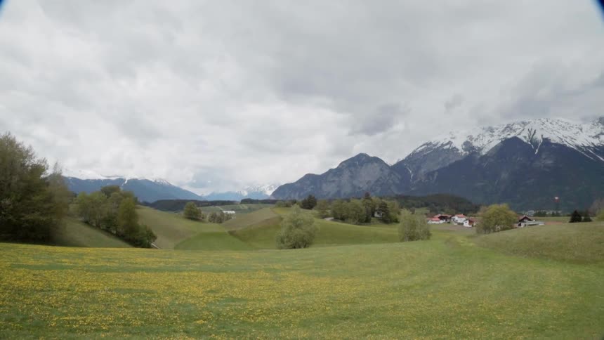The green grass leads to a snow covered mountain