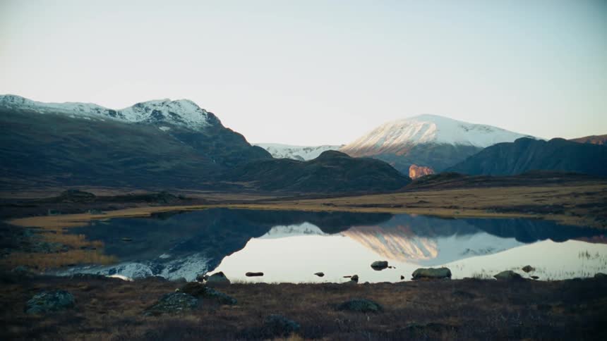 Mountains reflected in valley lake