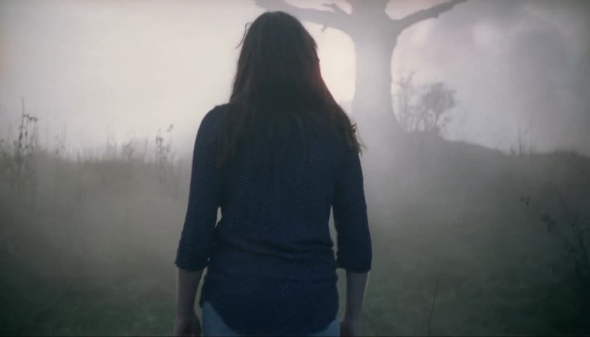 Woman walks in a foggy field towards a tree trunk