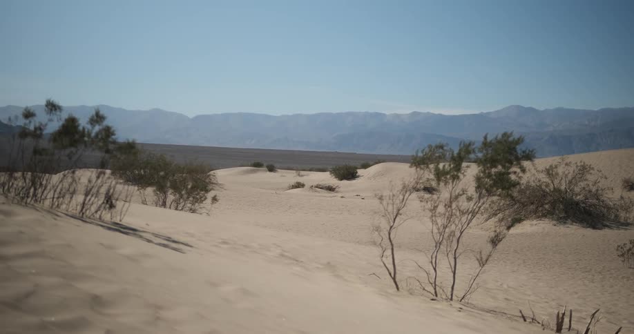 Desert sand dunes with mountains in the background