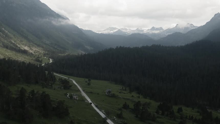 The road winds around the forest in the mountains