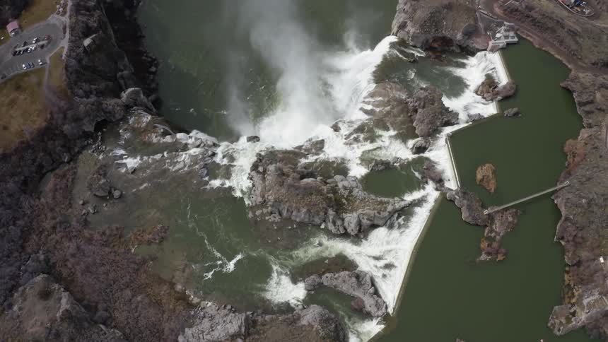 Overhead view of waterfall and rock features
