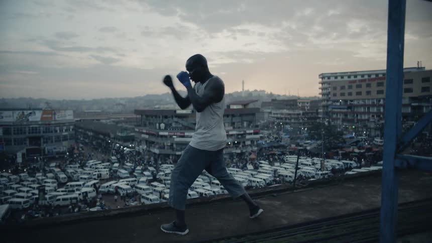 A boxer punches the air on a building rooftop at sunset