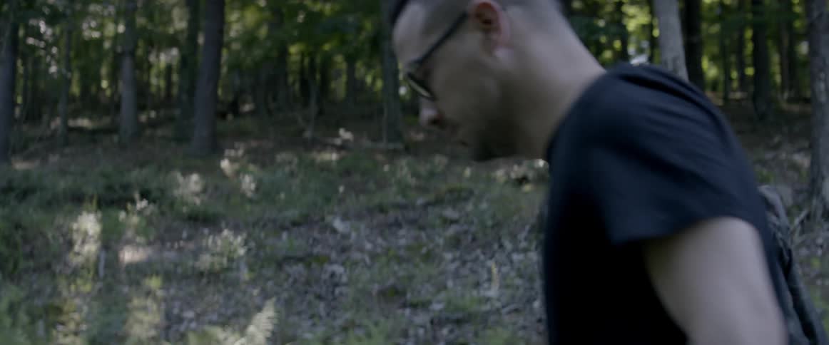 Two men hike in a forest