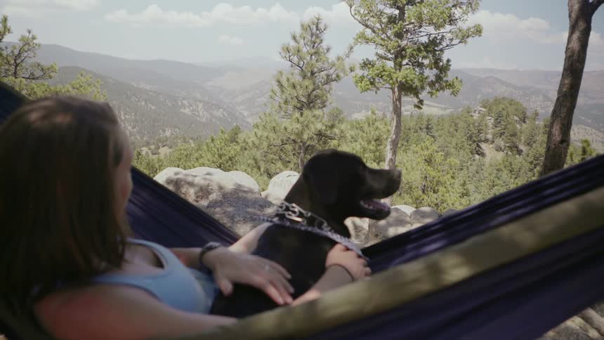 Woman and dog in a hammock overlooking mountains in afternoon