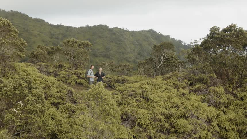 Two men hike in mountains