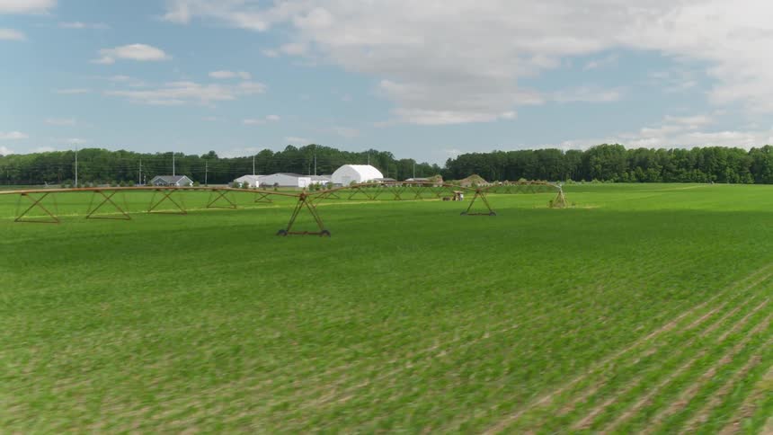 Crops are irrigated on a farm