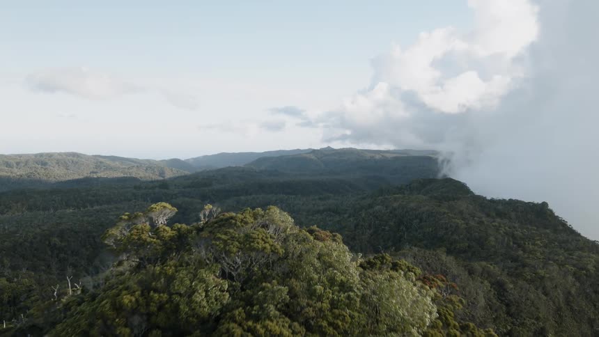 Clouds roll over tree covered hills