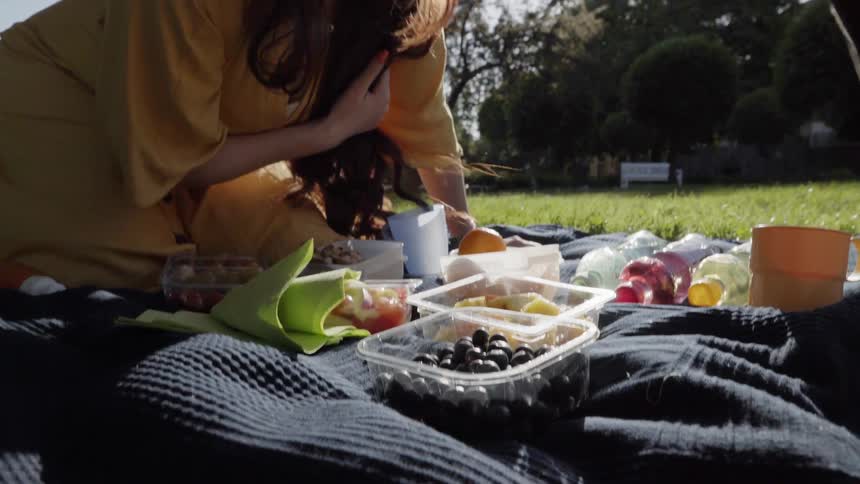 Plastic containers filled with fresh fruit on a blanket during picnic.