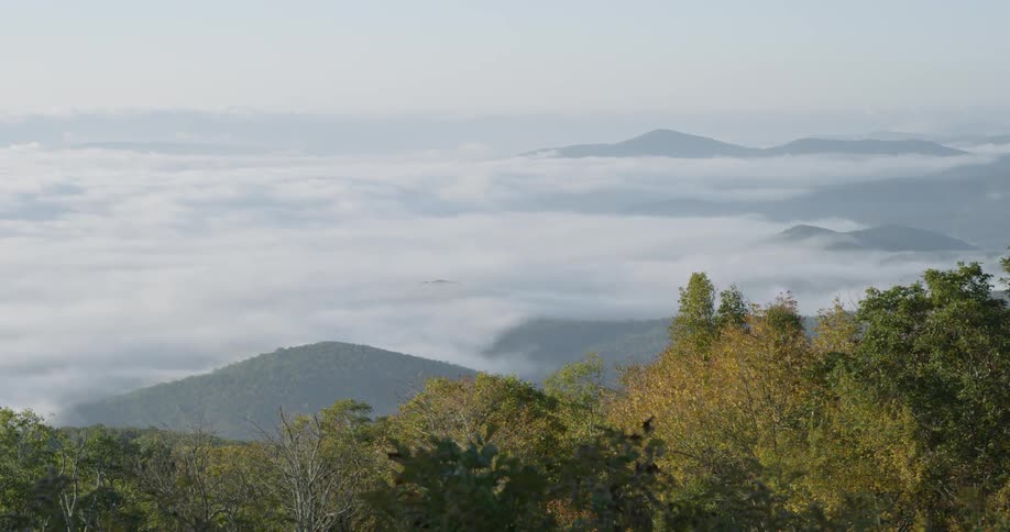 Clouds float over trees and mountains