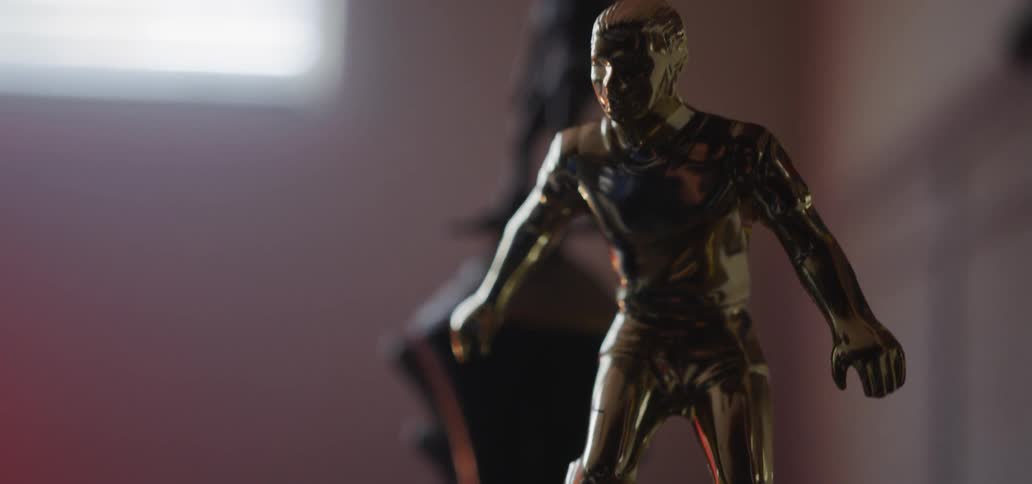 Sport trophies sit on a shelf