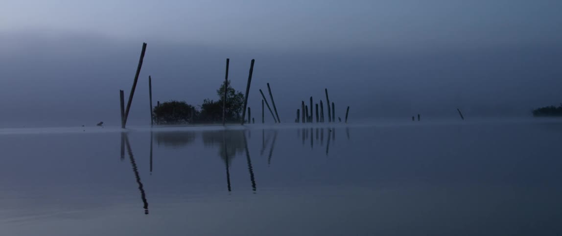 Lake water ripples on a foggy day