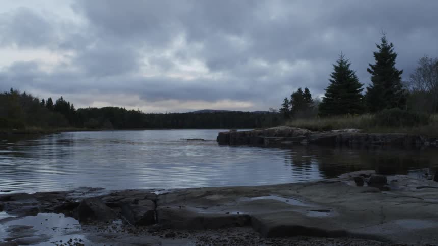 A river gently flows on an overcast day