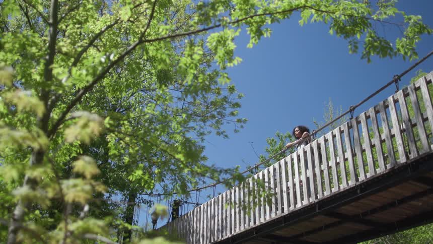 A woman leans on a bridge on a sunny day
