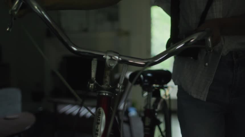 Person pushes a bike through a house