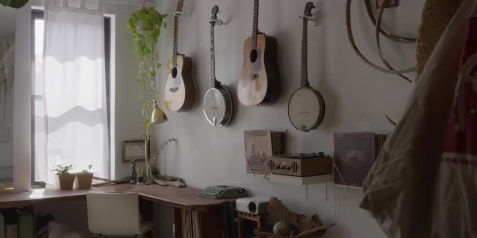 Guitars and banjos are hanging on the wall of an office in daylight
