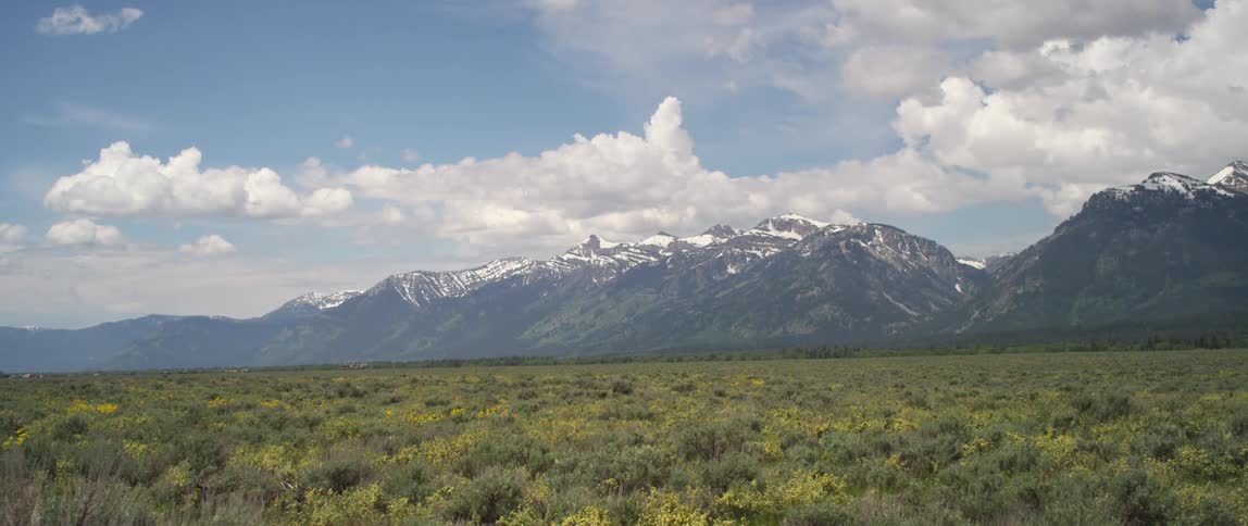 A view of a pasture at the foot of snow-capped mountains and a cloudy sky