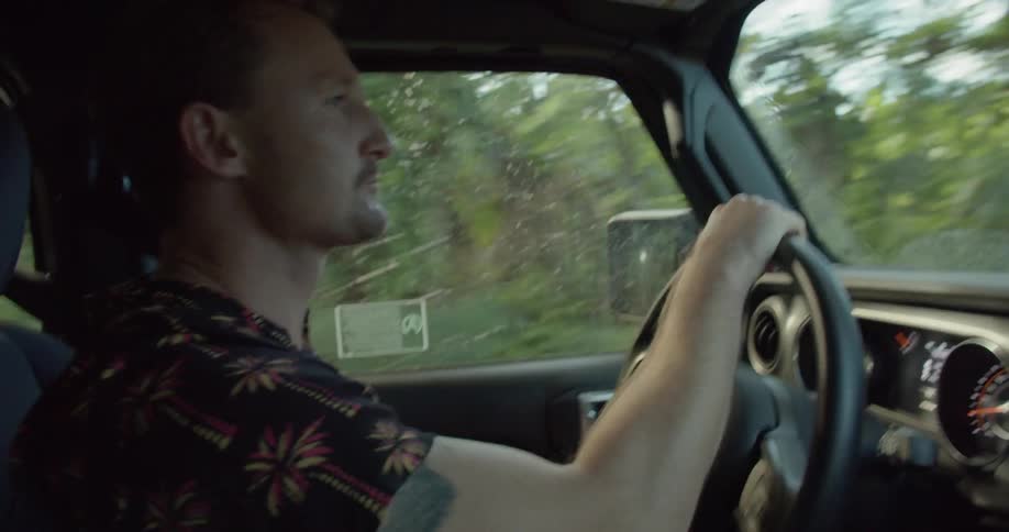 A man drives a truck through the brush