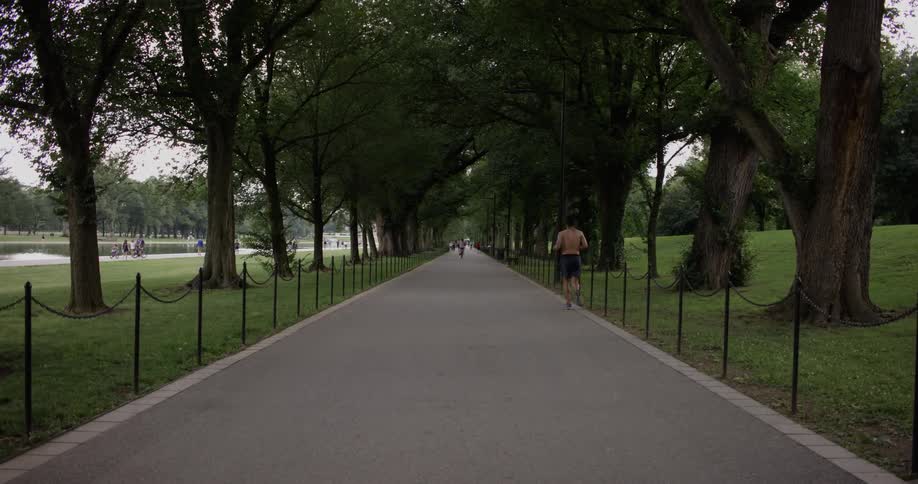 A man jogs on a path through a park
