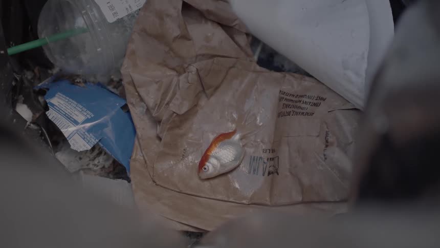 A dead fish sits atop trash
