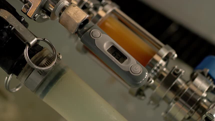 Beer flows through a tube in a brewery