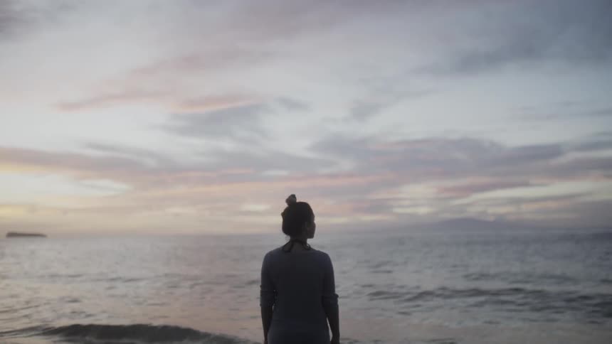A woman stands on the shoreline staring out into the ocean