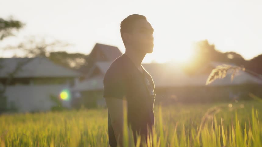 A man wades through tall grass