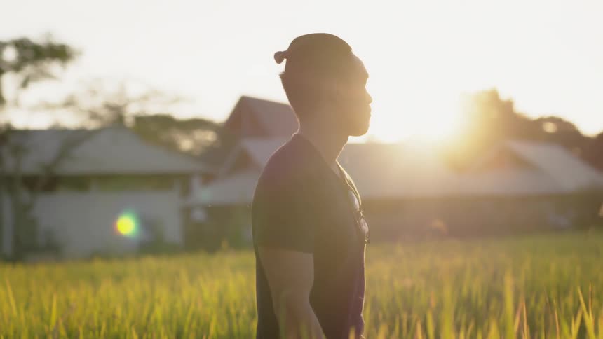 Man stands in a field under the bright sun
