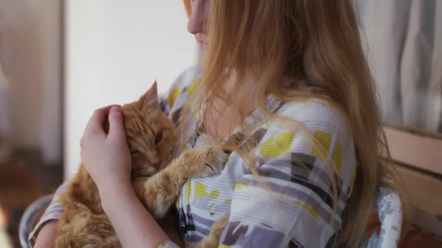 A woman pets her cat by the window