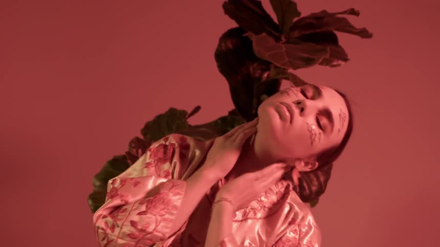 Woman dancing in front of a red background and a plant