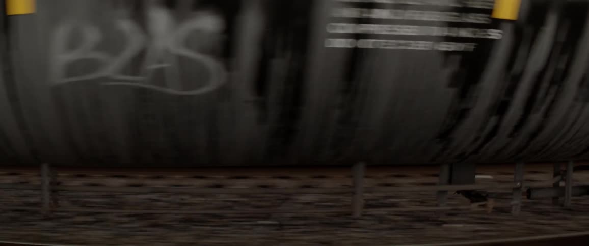 A train with graffiti drives by