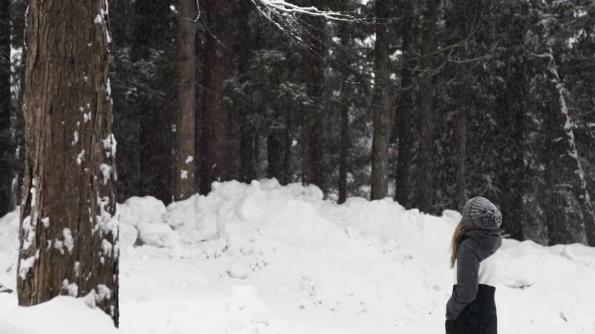 A woman stands in the snow watching the forest