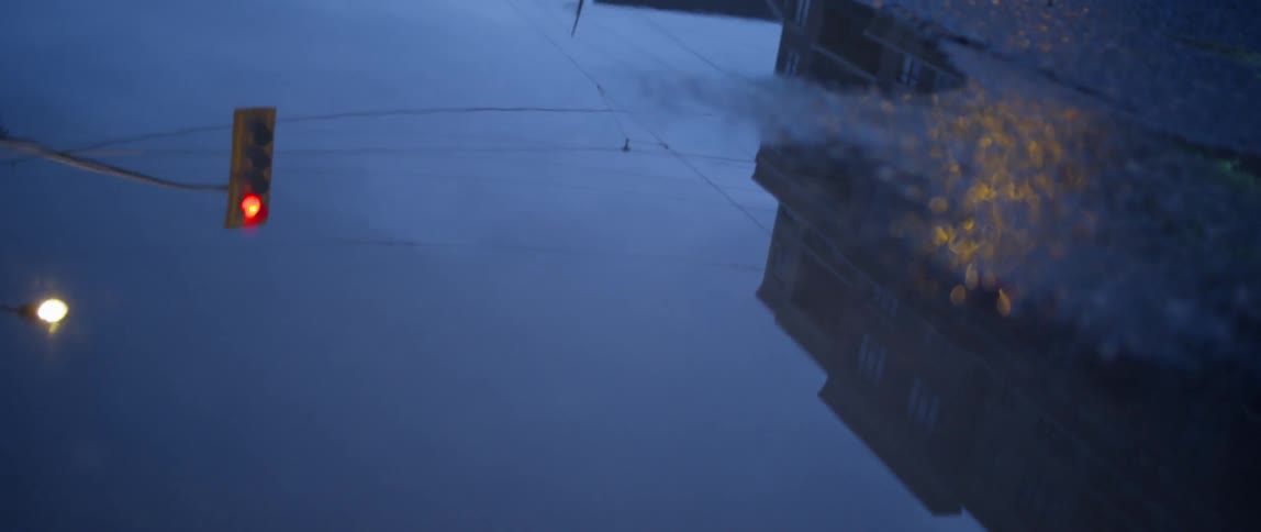 Reflection of a stoplight shining red in a puddle