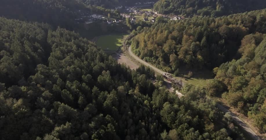 Train is traveling through forest and into the country on sunny day