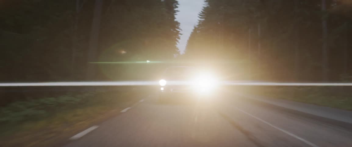 A car driving down a road at dusk in the forest