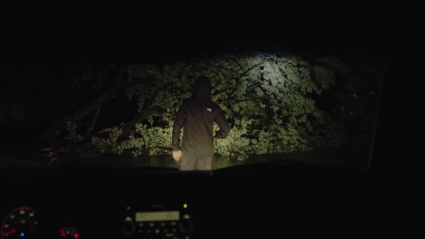 A man searches outside his car at night