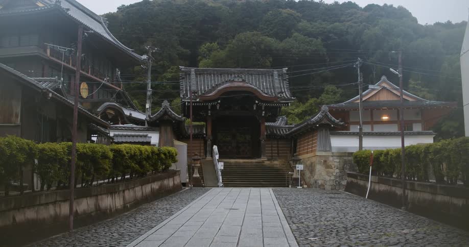Oriental buildings sit near the trees