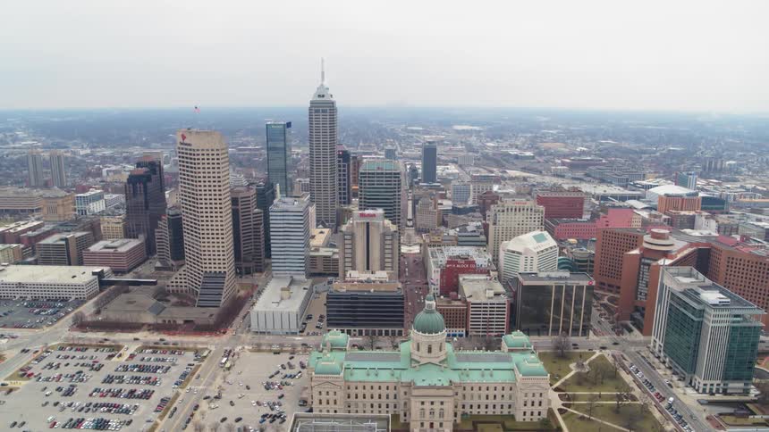 Buildings stand in a city