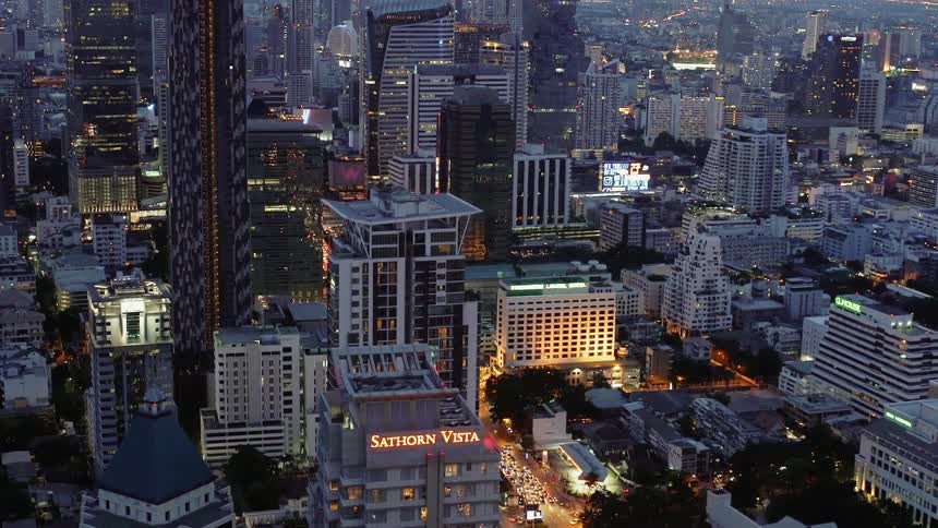 Lights glow in a city at night