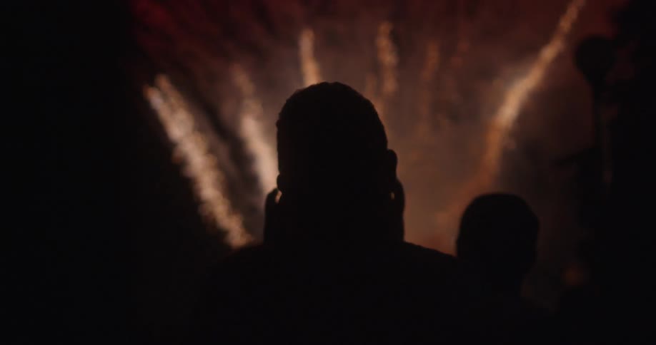People watching while fireworks shoot into the night sky