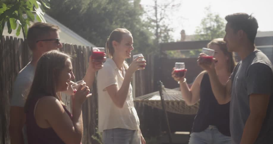 Group of friends having backyard summer party