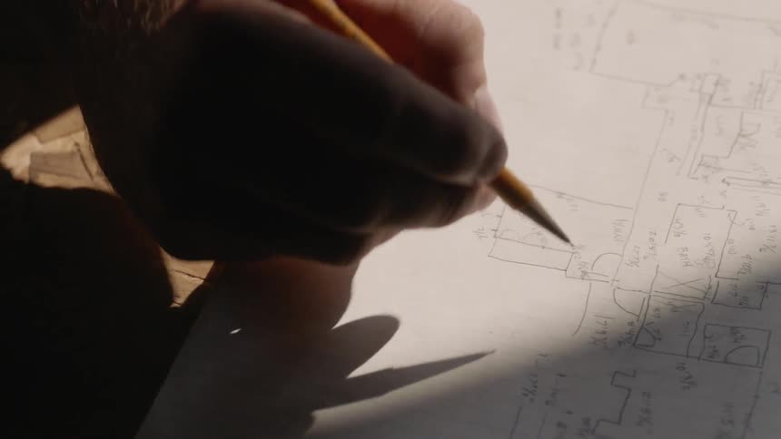 A man is adding lines to a blueprint schematic inside in daylight