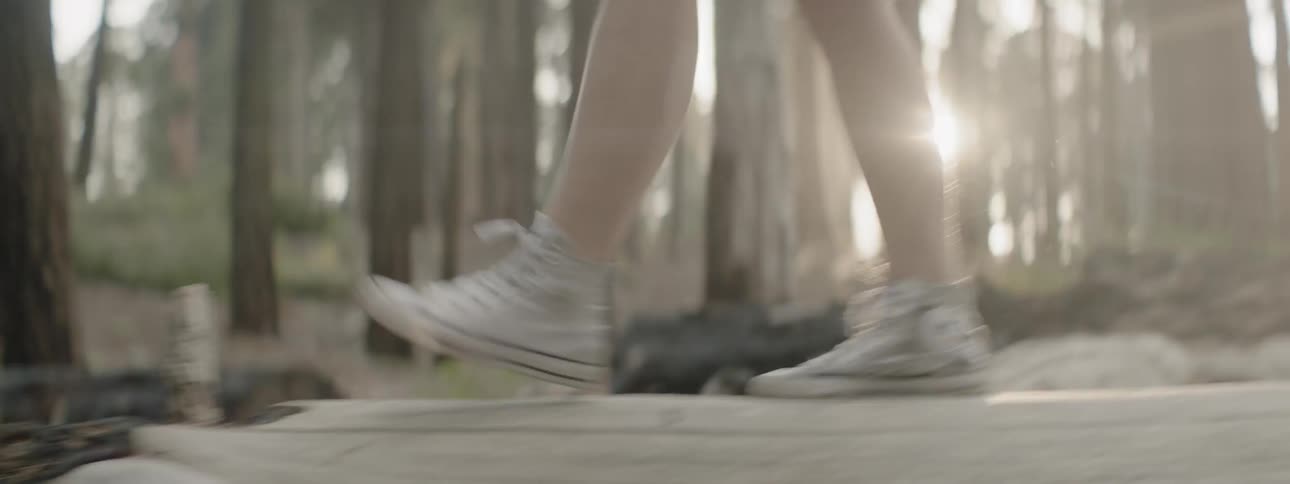 A person walks on a log in a sunny forest