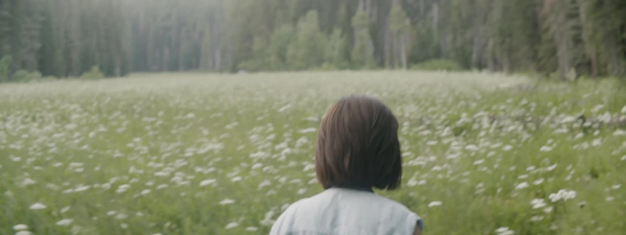 Woman walks through a grassy field