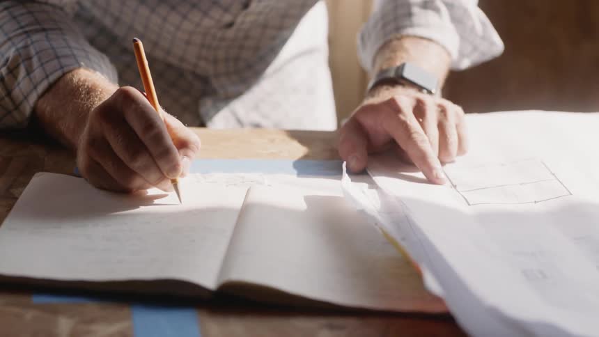 A man writes in a notebook while looking at at floor plans