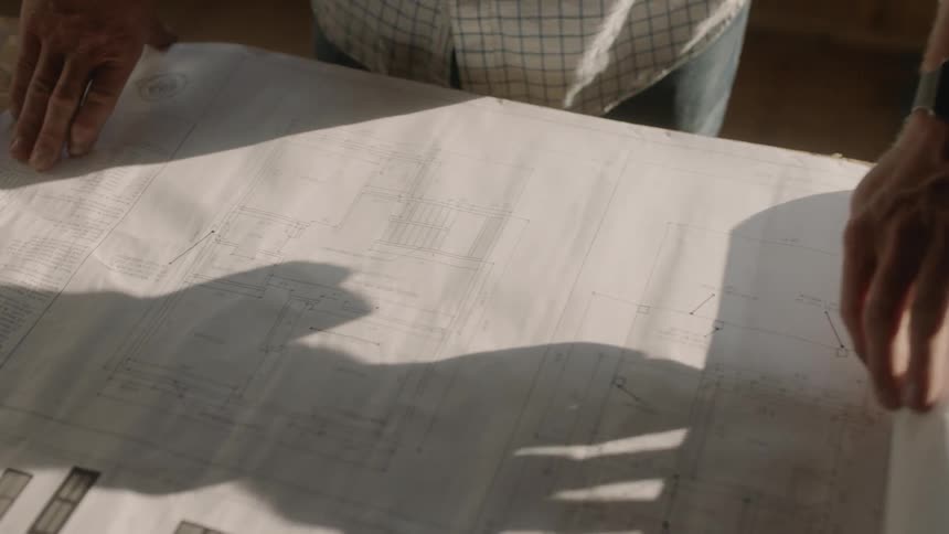 A construction worker unrolls floor plans