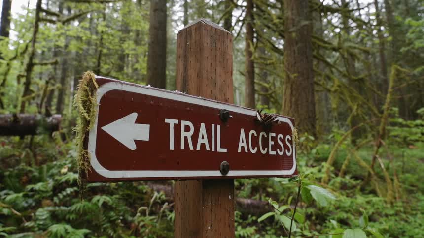 The sign points to a trail