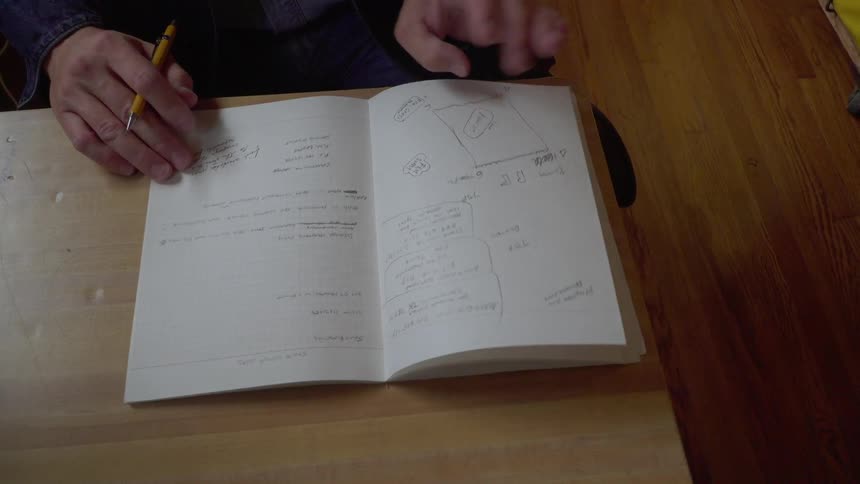 A person flips through a book at the table